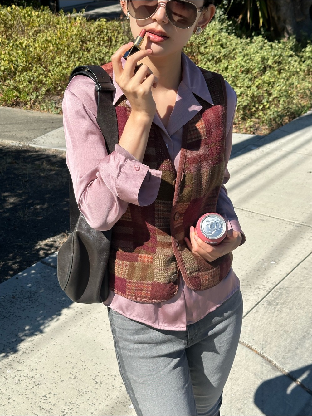 Women’s Pink Collared Shirt with Burgundy Plaid Vest